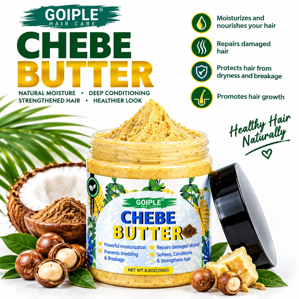 Goiple Chebe Butter benefits - moisturizes, repairs damaged hair, protects from dryness, promotes growth