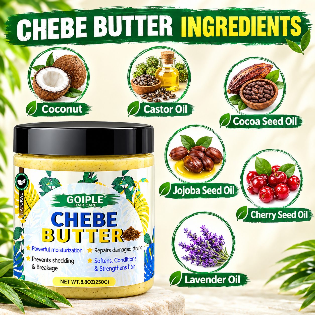 Chebe Butter ingredients - Coconut, Castor Oil, Cocoa Seed Oil, Jojoba Seed Oil, Cherry Seed Oil, Lavender Oil