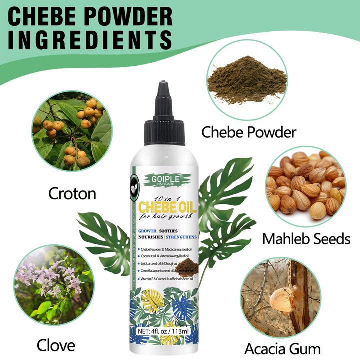Chebe Oil ingredients - Croton, Clove, Chebe Powder, Mahleb Seeds, Acacia Gum