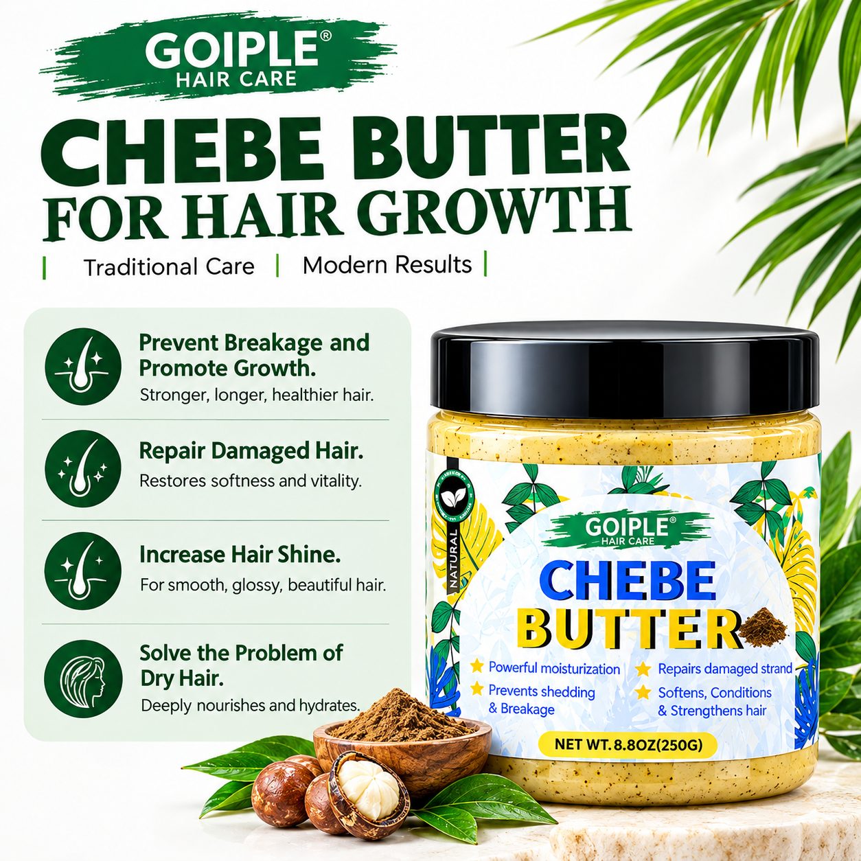 GOIPLE Chebe Butter for hair growth - prevents breakage, repairs damaged hair, increases shine, solves dry hair