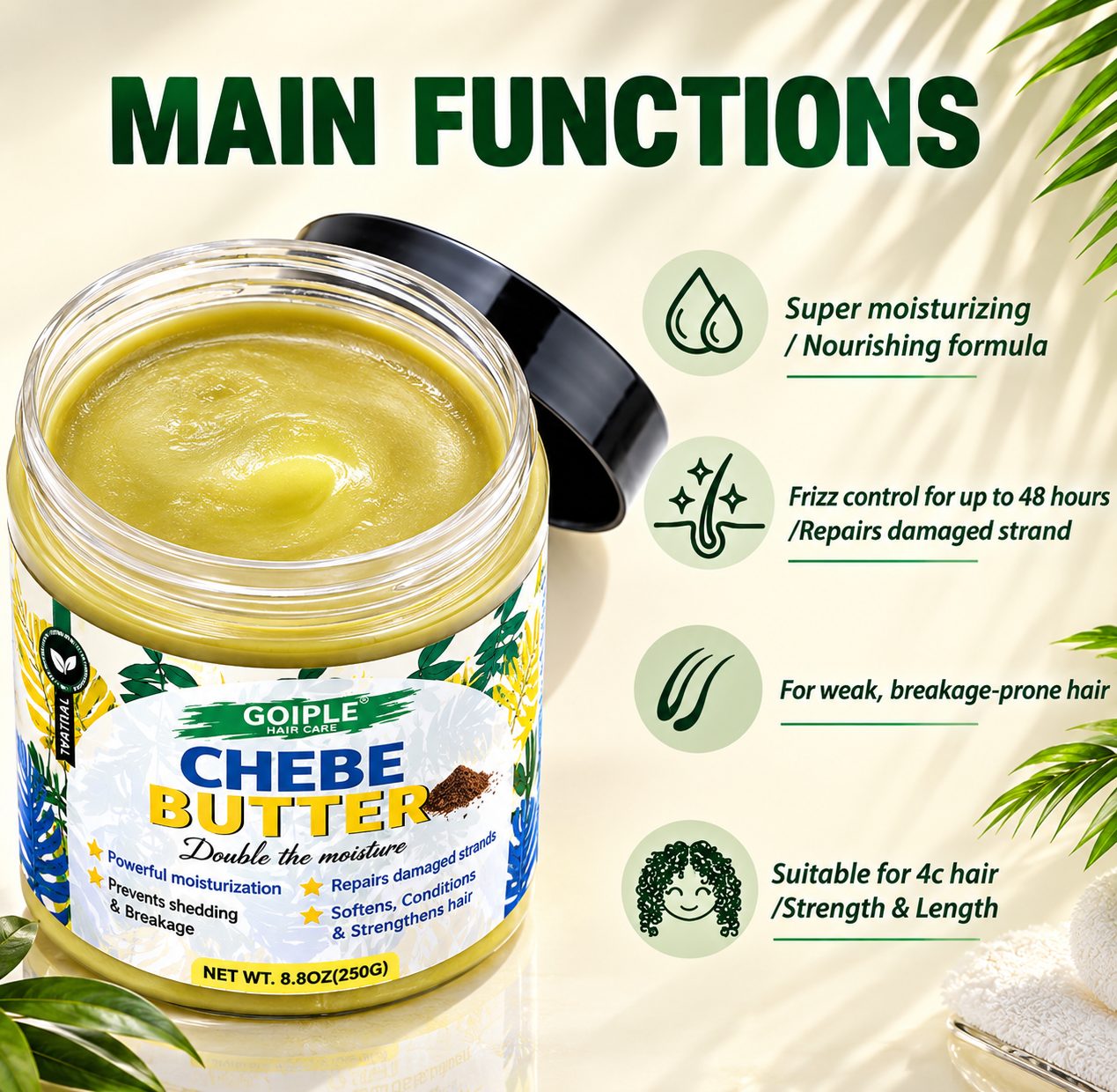 Main functions - super moisturizing, frizz control, for weak breakage-prone hair, suitable for 4c hair