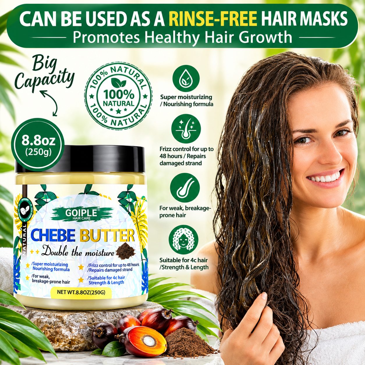 Can be used as a rinse-free hair mask, 100% natural, frizz control up to 48 hours, suitable for 4c hair