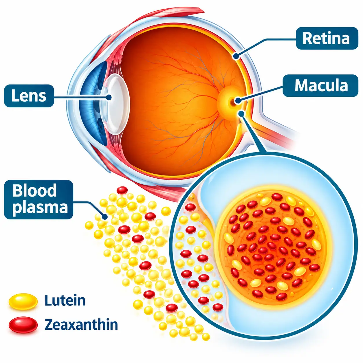 Eye anatomy diagram showing how lutein and zeaxanthin from blood plasma accumulate in the macula