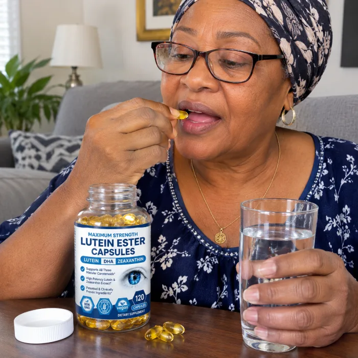 Woman taking Maximum Strength Lutein Ester Capsules with a glass of water