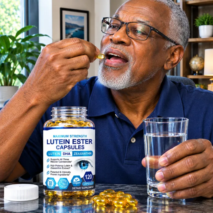 Man taking Maximum Strength Lutein Ester Capsules with a glass of water