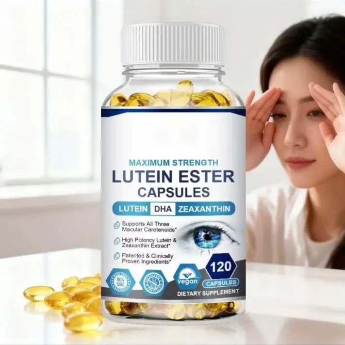 Woman touching her forehead near her eye next to a bottle of Maximum Strength Lutein Ester Capsules, illustrating eye strain relief