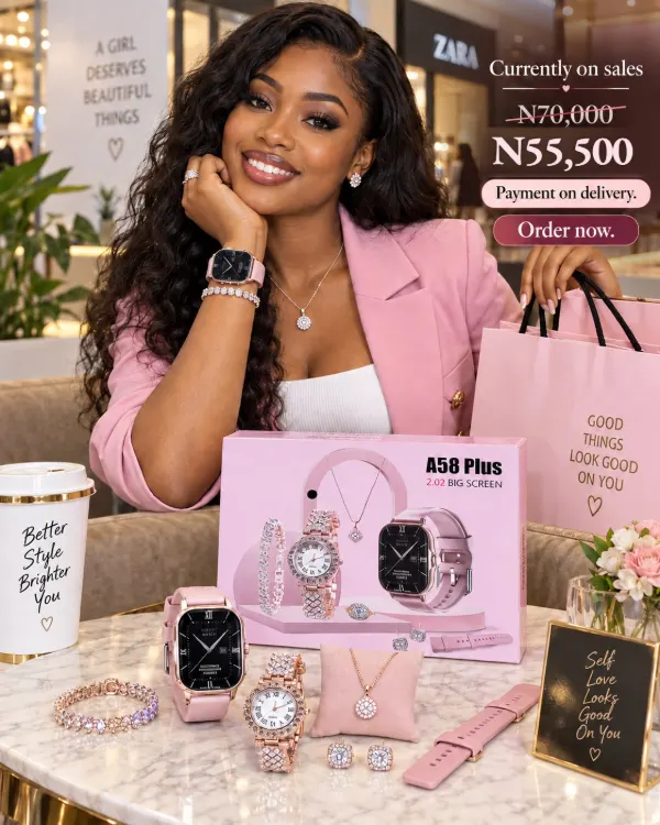 Pink smart watch and jewelry set gift, ₦55,500 payment on delivery