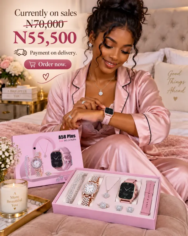Woman unboxing the A58 Plus pink smart watch and jewelry set