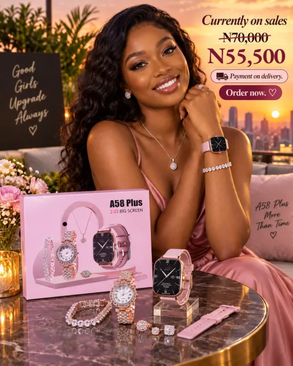 Woman wearing the pink smart watch and jewelry set, ₦55,500