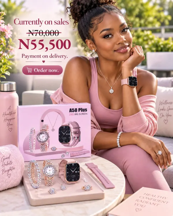 Pink smart watch and jewelry set, order now ₦55,500
