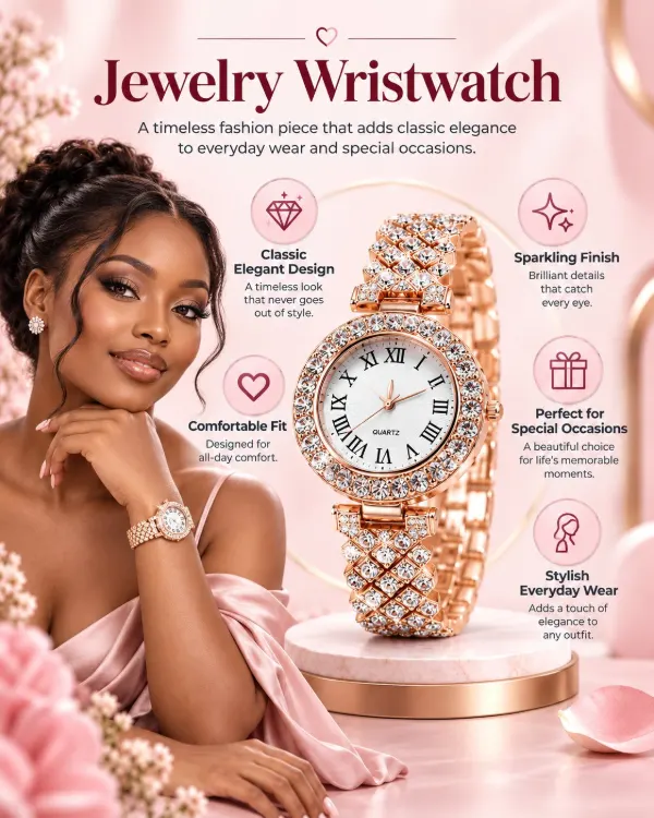 Rose gold jewelry wristwatch with sparkling crystals
