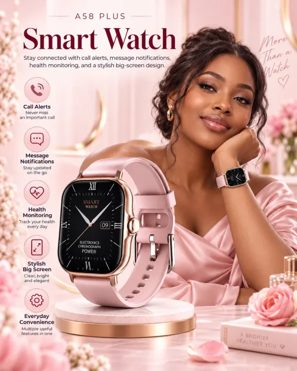 A58 Plus smart watch with call alerts, message notifications and health monitoring