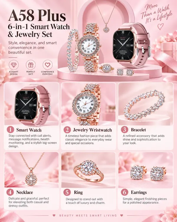 A58 Plus 6-in-1 smart watch and jewelry set overview