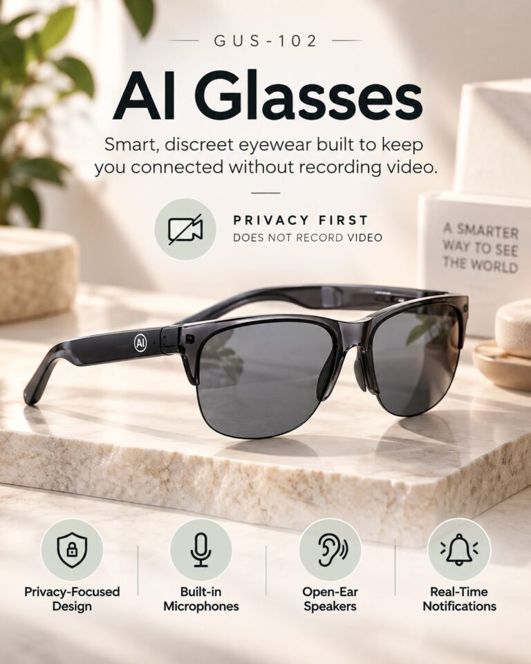AI Glasses: smart, discreet eyewear with built-in microphones, open-ear speakers and real-time notifications