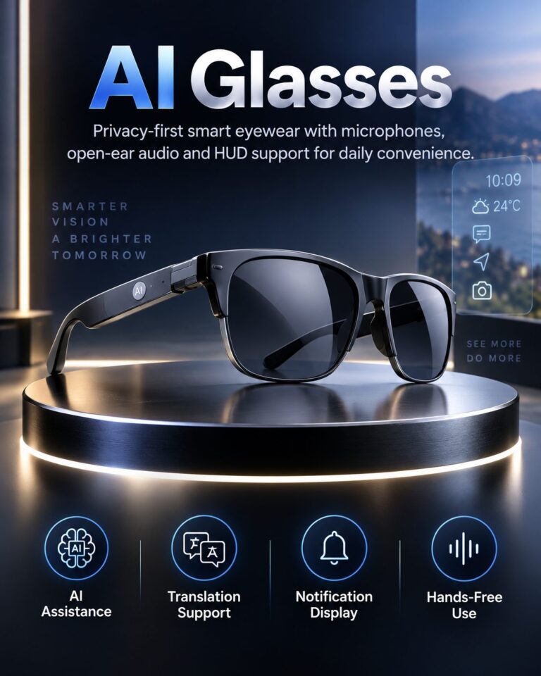 AI Glasses: privacy-first smart eyewear with microphones, open-ear audio and HUD support