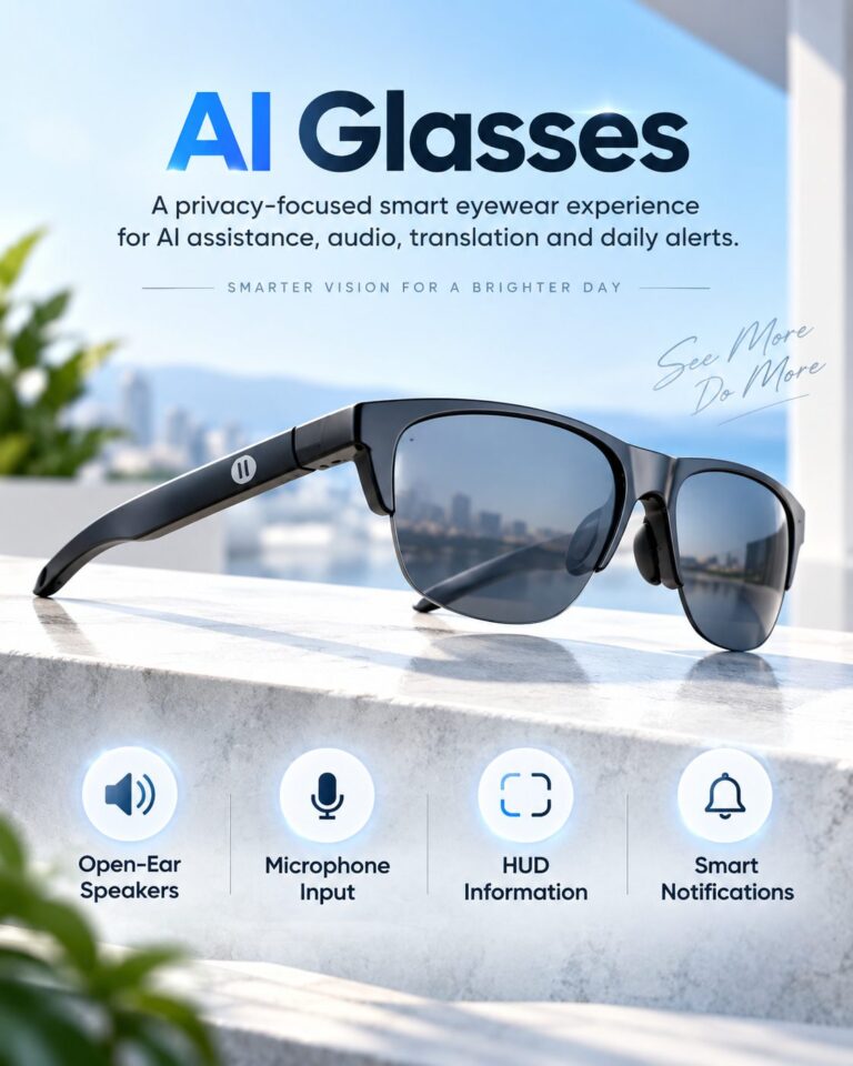 AI Glasses with open-ear speakers, microphone input, HUD information and smart notifications