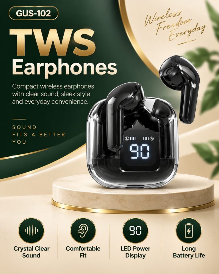 GUS-102 TWS Earphones with crystal clear sound and comfortable fit